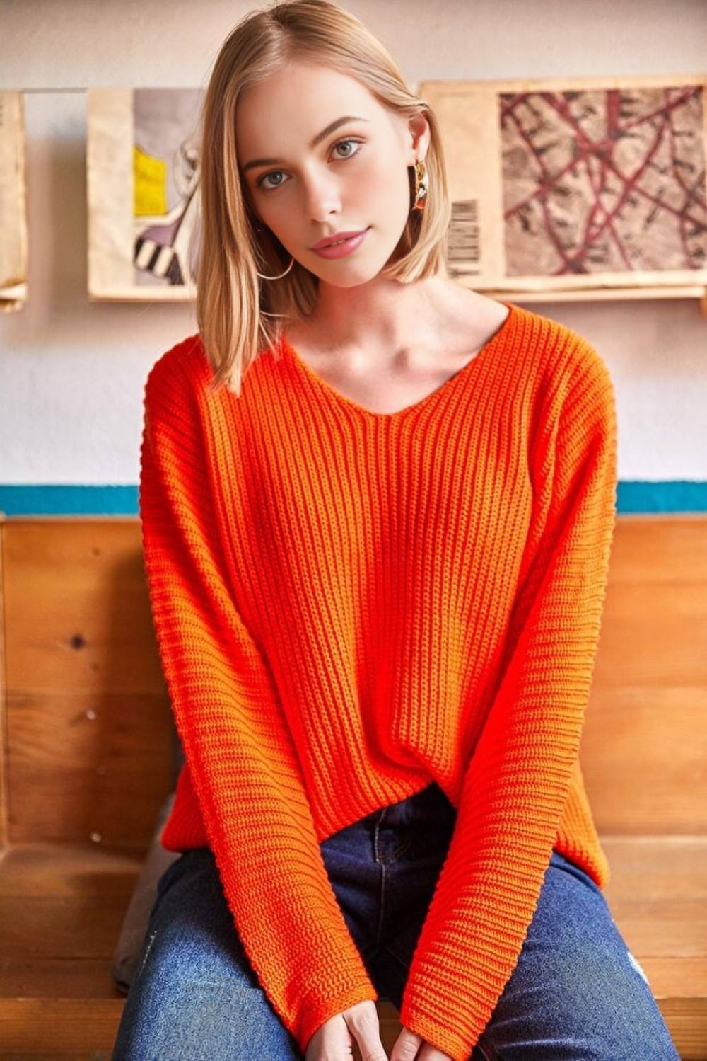 Hoxton Gal V-Neck Fisherman Rib Knit Jumper In Orange Hoxton Gal V-Neck Fisherman Rib Knit Jumper In Orange