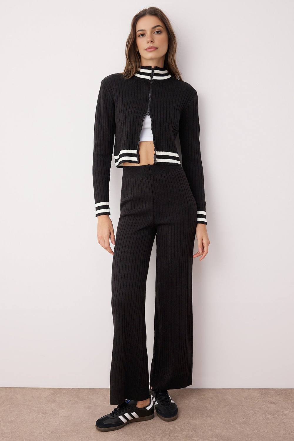 Wovcor -Piece Set Zip-Up Knit Cardigan & Wide Leg Pants In Black Wovcor -Piece Set Zip-Up Knit Cardigan & Wide Leg Pants In Black