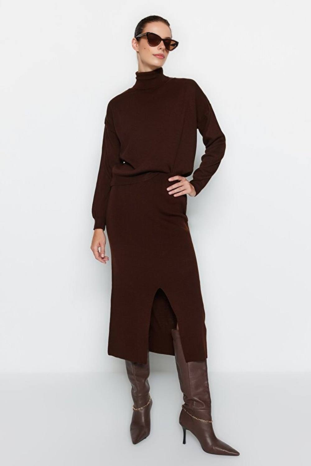 Wovcor -Piece Knit Turtleneck Sweater & Skirt Set In Brown