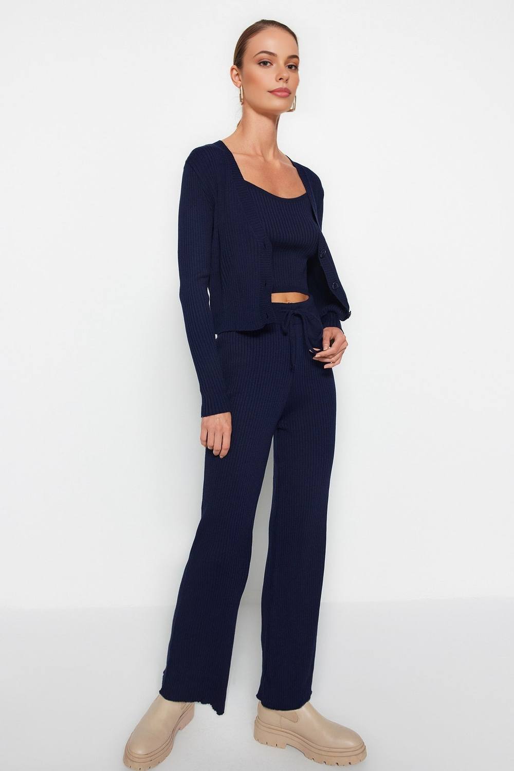 Wovcor -Piece Knit Cardigan, Top & Pants Set In Navy Wovcor -Piece Knit Cardigan, Top & Pants Set In Navy