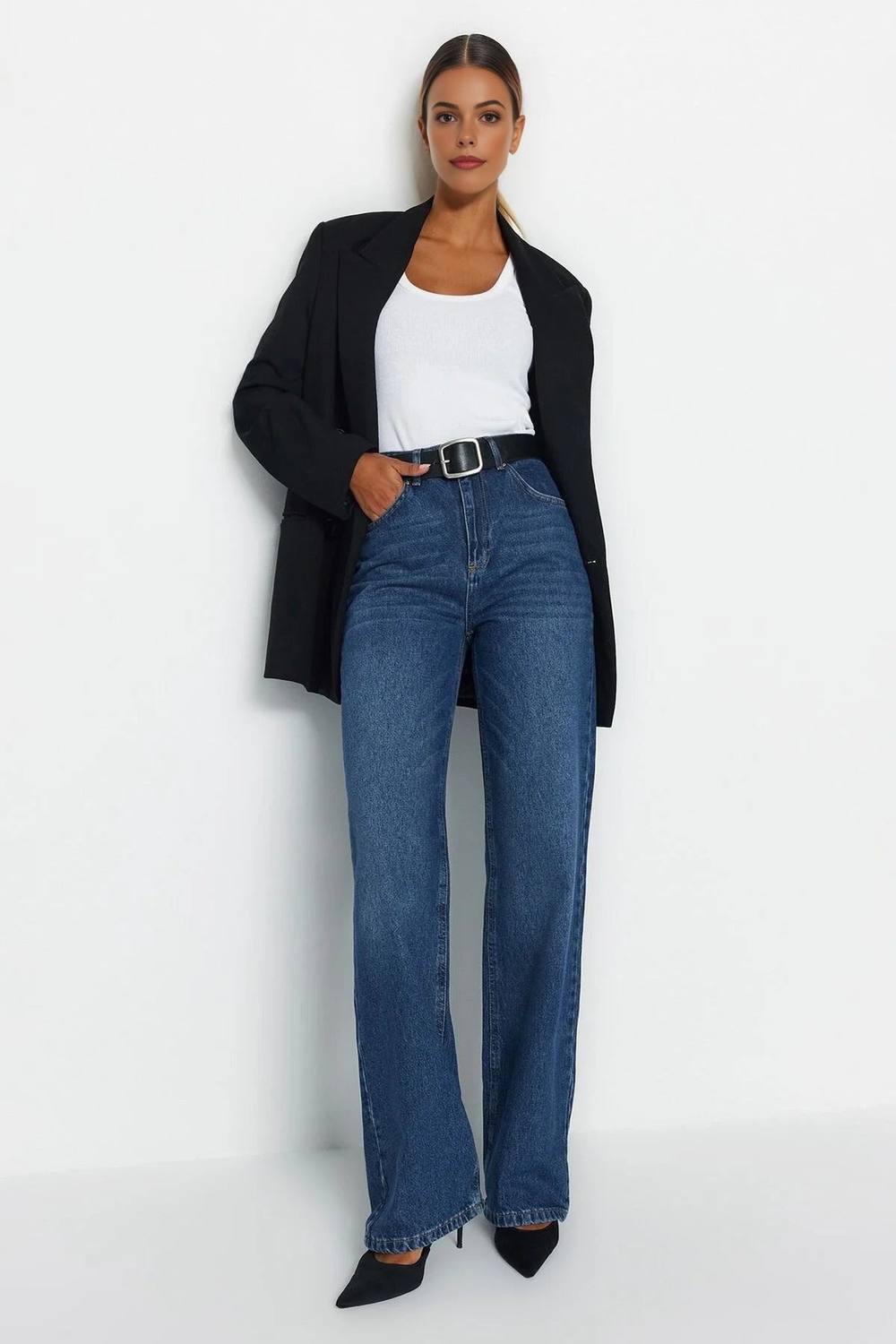 Wovcor High Waist Wide Leg Jeans Denim In Dark Blue Wovcor High Waist Wide Leg Jeans Denim In Dark Blue