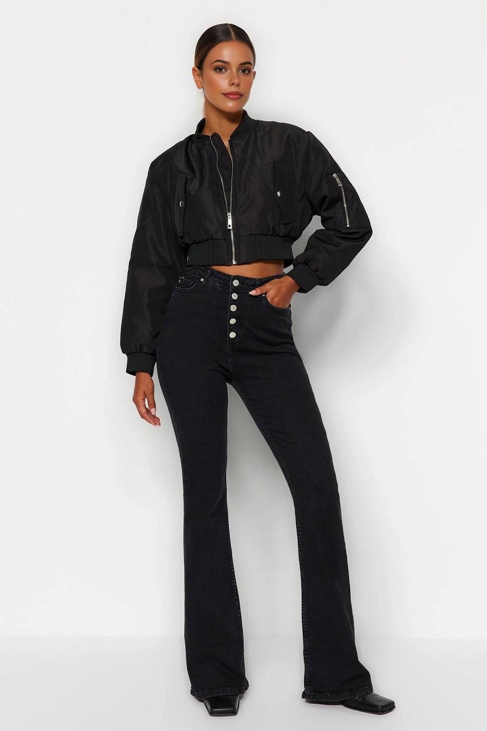 Wovcor High Waist Flare Jeans With Button Front In Black Wovcor High Waist Flare Jeans With Button Front In Black