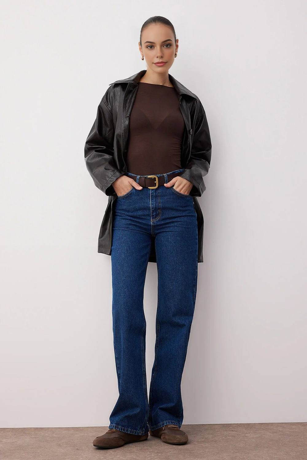 Wovcor High Waist Wide Leg Jeans With Pocket Details In Dark Blue Wovcor High Waist Wide Leg Jeans With Pocket Details In Dark Blue