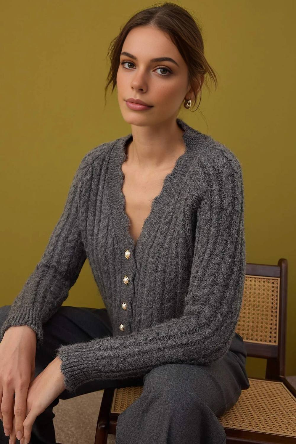 Wovcor Soft Textured Crop Knit Cardigan With Pearl Buttons In Grey Wovcor Soft Textured Crop Knit Cardigan With Pearl Buttons In Grey