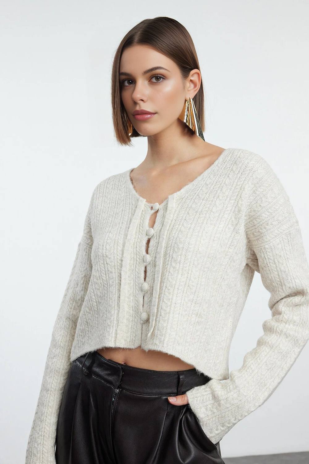 Wovcor Cropped Ribbed Knit Cardigan Button-Detail In Stone Wovcor Cropped Ribbed Knit Cardigan Button-Detail In Stone