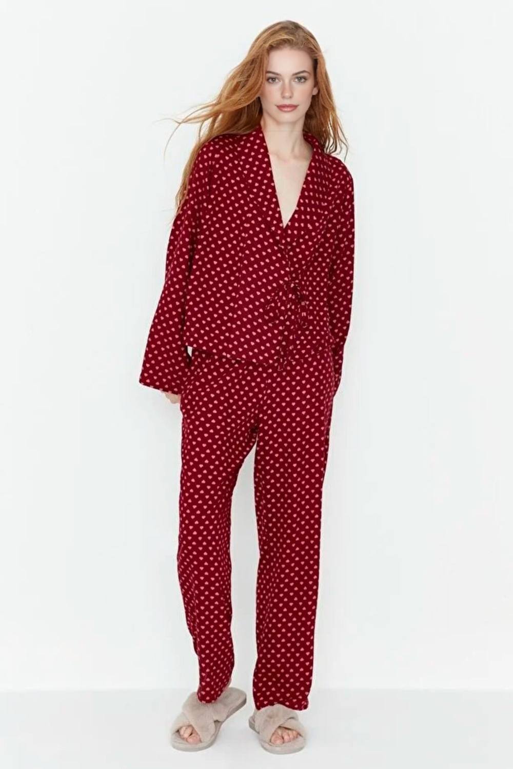 Wovcor -Piece Heart Print Viscose Woven Pajama Set With Tie Detail In Burgundy Wovcor -Piece Heart Print Viscose Woven Pajama Set With Tie Detail In Burgundy