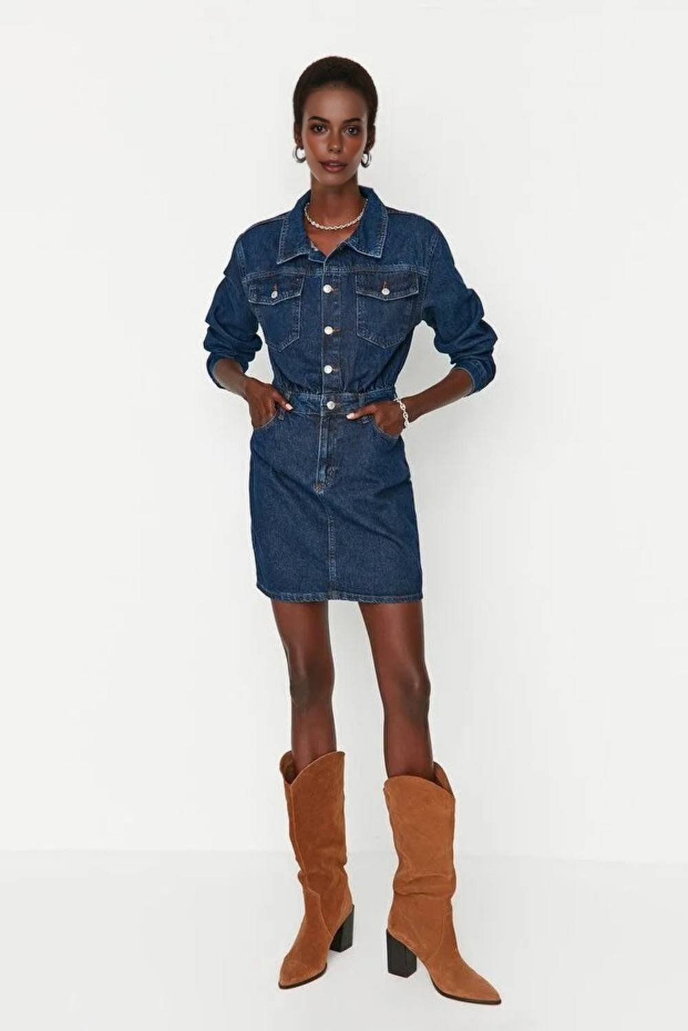 Wovcor Mini Denim Shirt Dress With Pocket Detail In Blue Wovcor Mini Denim Shirt Dress With Pocket Detail In Blue