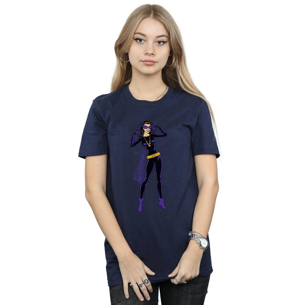 Dc Comics Catwoman Happy Pose Cotton Boyfriend Shirt In Navy Dc Comics Catwoman Happy Pose Cotton Boyfriend Shirt In Navy