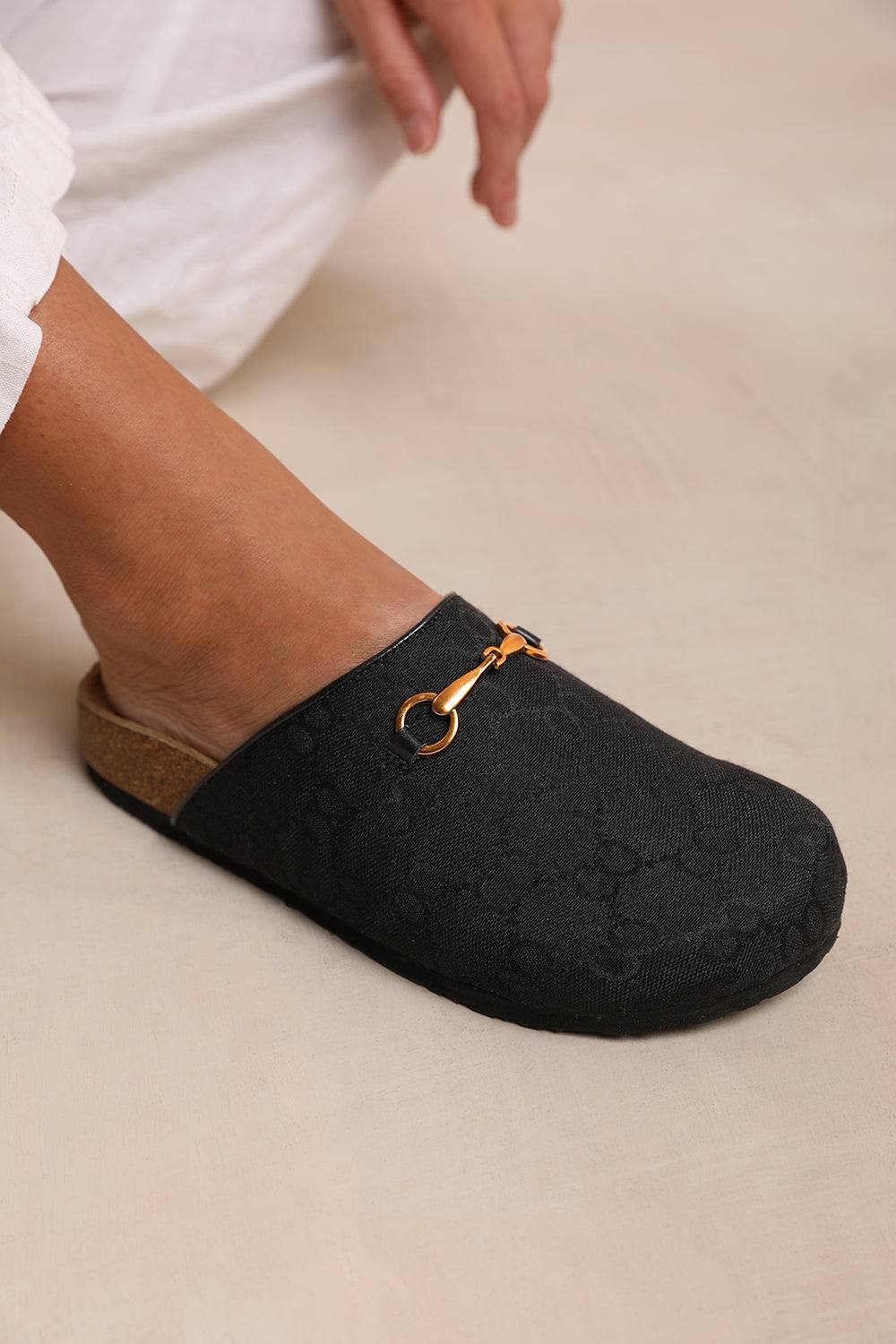 Where’s That From ‘dublin’ Open Back Slip On Loafer With Gold Detail In Black Where’s That From ‘dublin’ Open Back Slip On Loafer With Gold Detail In Black