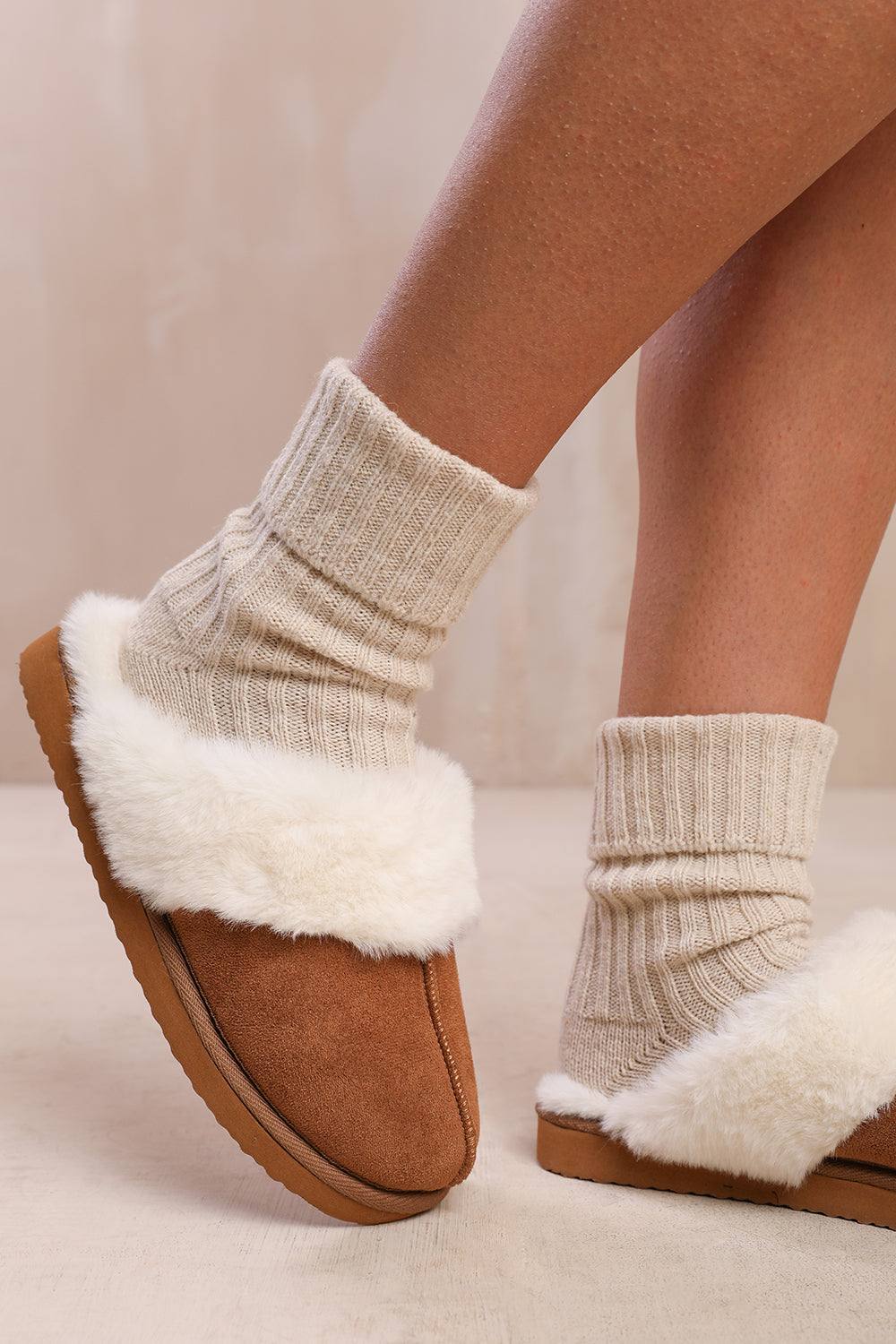 Where’s That From ‘comfort’ Slip On Slippers With Fur Trim Suede In Brown Where’s That From ‘comfort’ Slip On Slippers With Fur Trim Suede In Brown