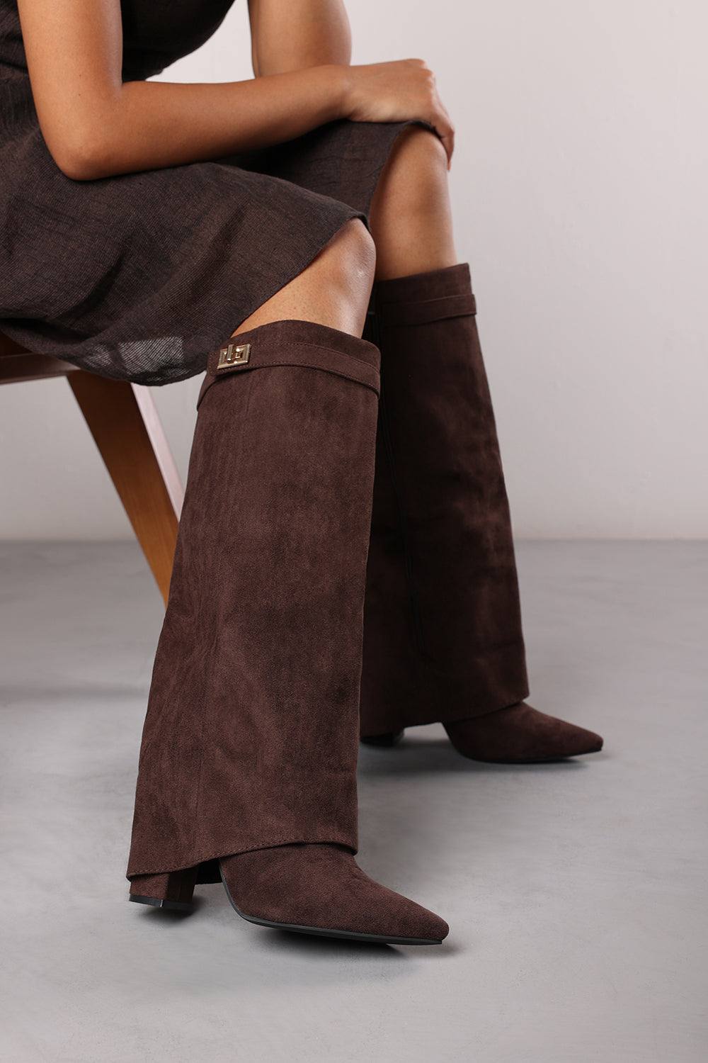 Where’s That From Keira Fold Over Shark Block Heel Point Toe Boots In Brown Where’s That From Keira Fold Over Shark Block Heel Point Toe Boots In Brown