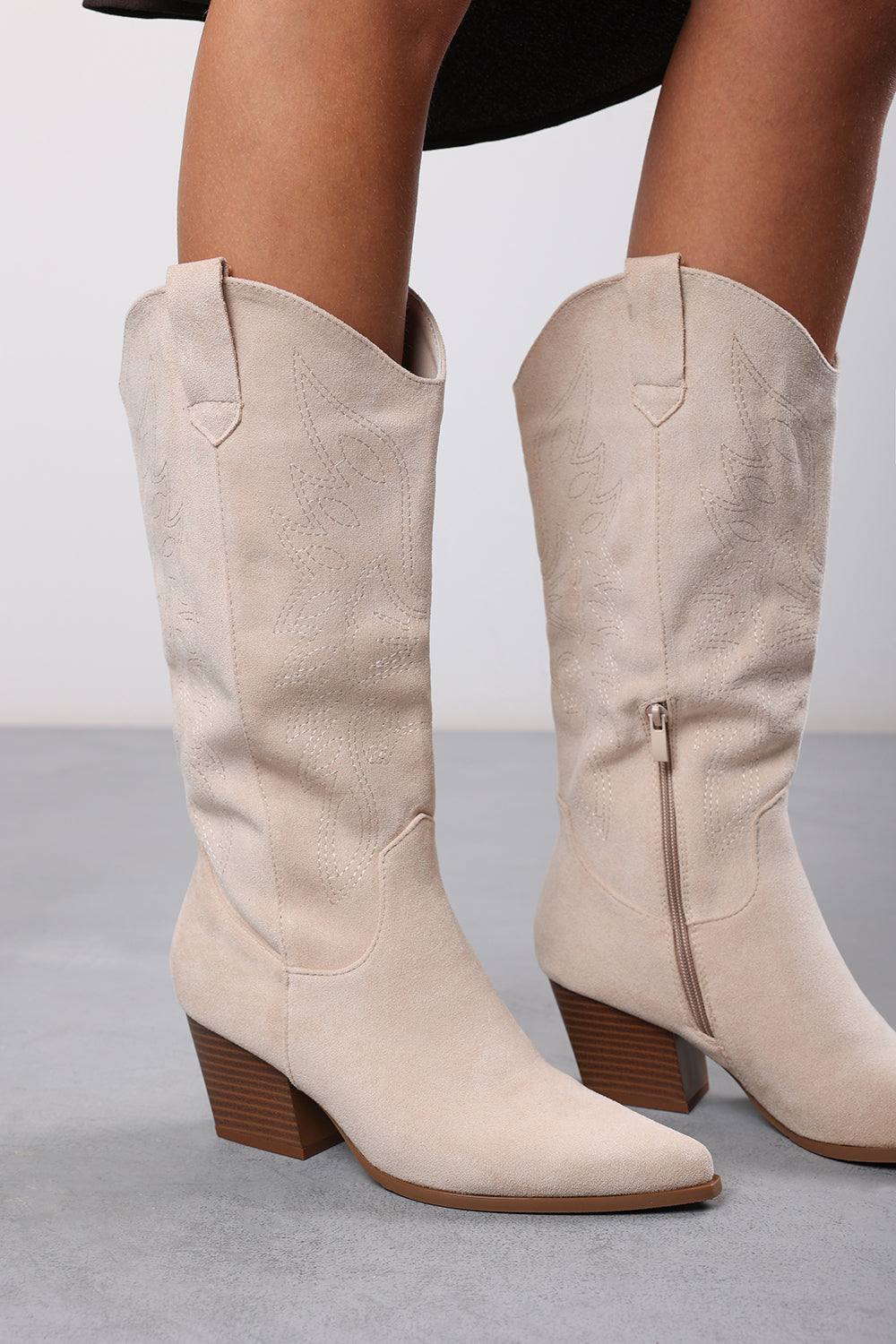 Where’s That From Yasmine Calf Cowboy Boots Block Heel Western Embroidered In Beige Where’s That From Yasmine Calf Cowboy Boots Block Heel Western Embroidered In Beige