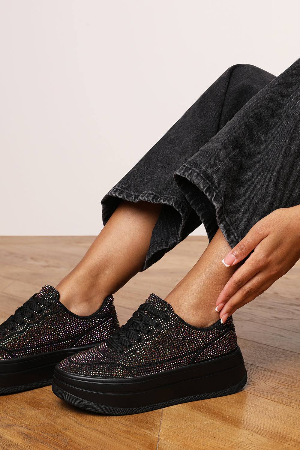 Where’s That From ‘darcia’ Wedge Lace Up Trainer With Diamante Detail In Black Where’s That From ‘darcia’ Wedge Lace Up Trainer With Diamante Detail In Black