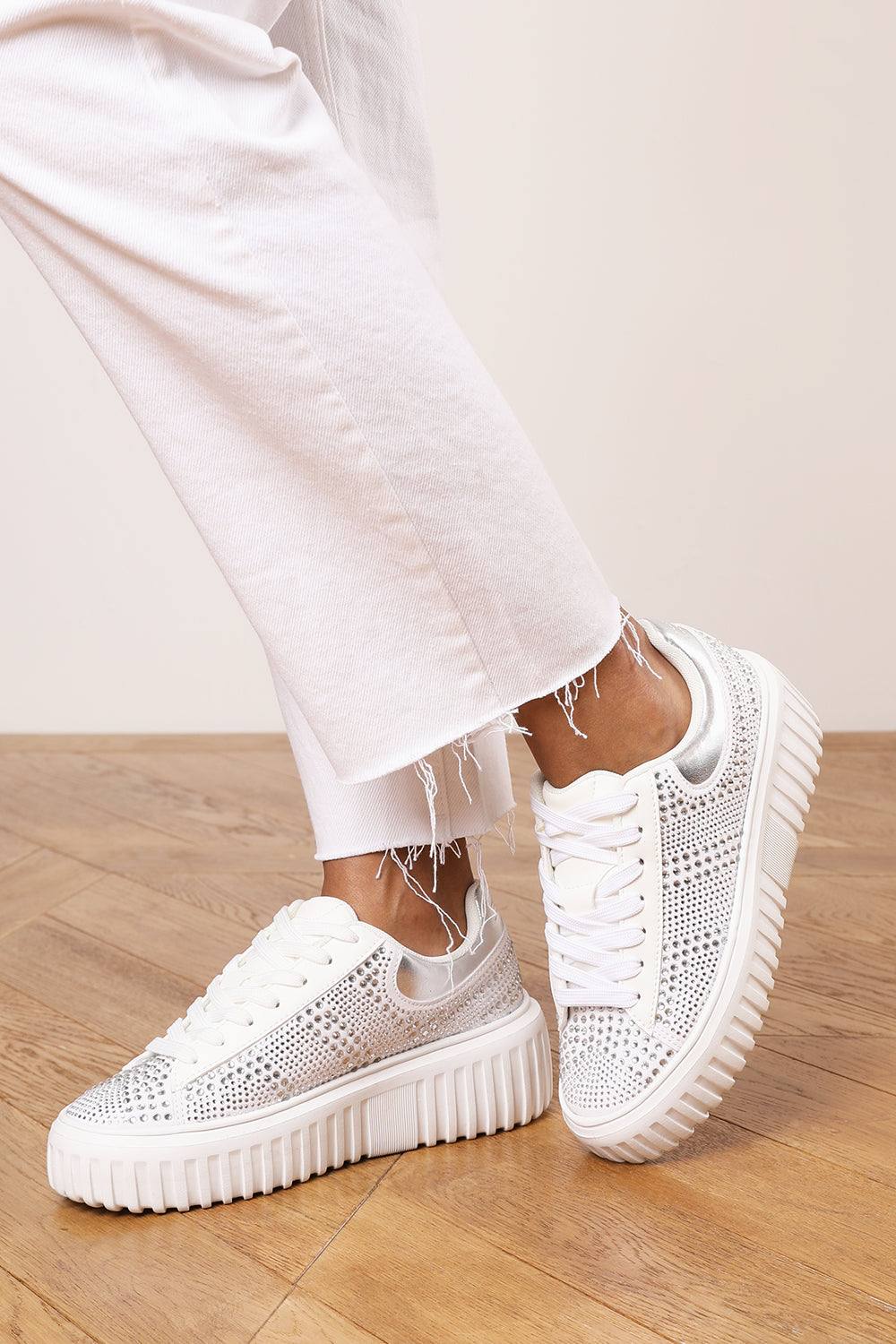 Where’s That From ‘eliane’ Lace Up Trainer With Diamante Pattern And Chunky Sole In White Where’s That From ‘eliane’ Lace Up Trainer With Diamante Pattern And Chunky Sole In White