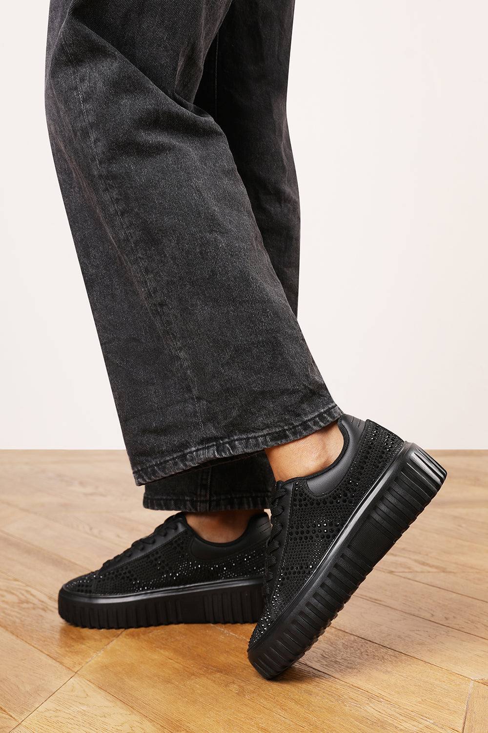 Where’s That From ‘eliane’ Lace Up Trainer With Diamante Pattern And Chunky Sole In Black Where’s That From ‘eliane’ Lace Up Trainer With Diamante Pattern And Chunky Sole In Black