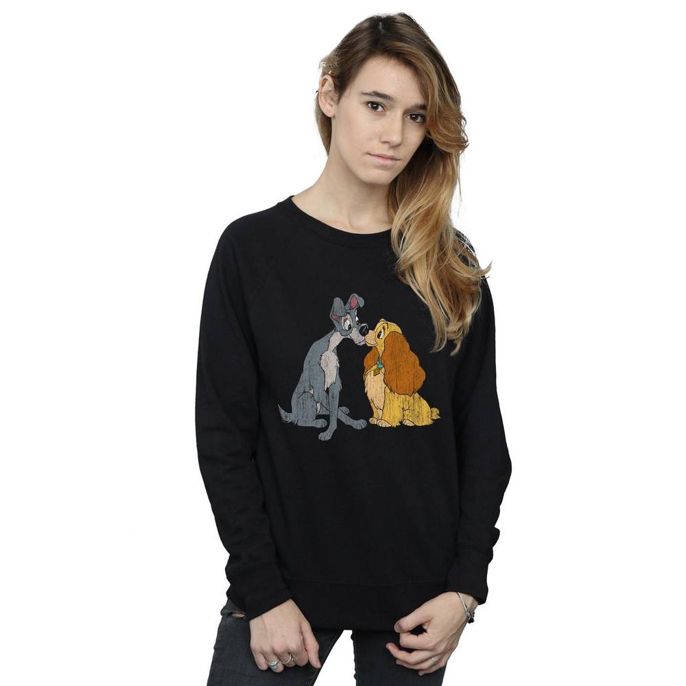 Disney Lady And The Tramp Distressed Kiss Sweatshirt In Black Disney Lady And The Tramp Distressed Kiss Sweatshirt In Black