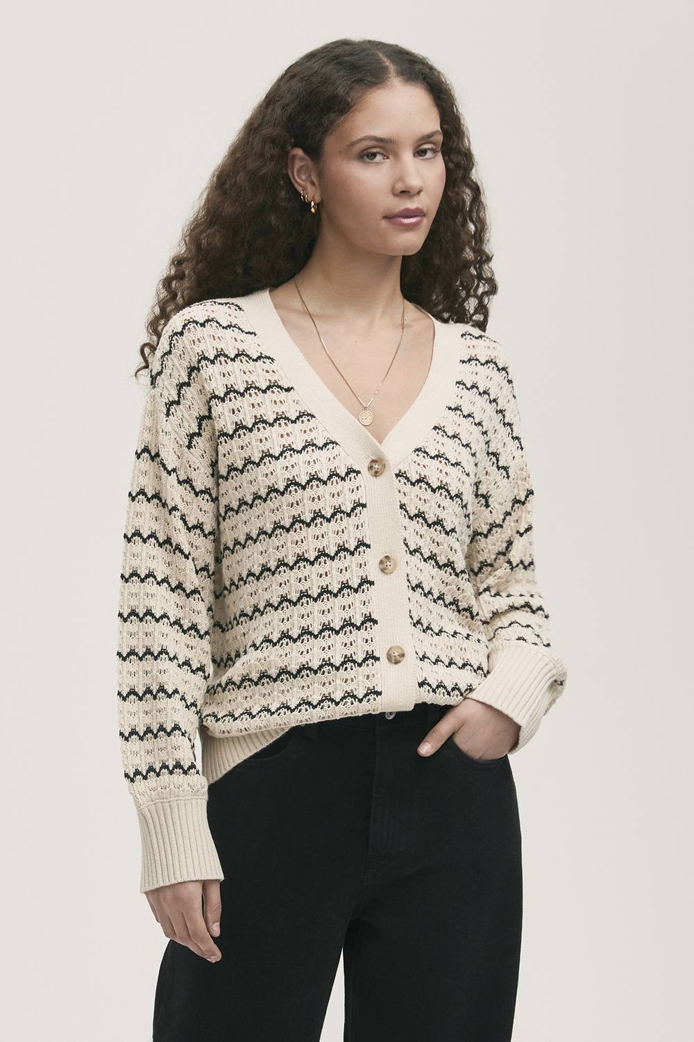 Finery London Alena V-Neck Crochet Cardigan In Warm White Finery London Alena V-Neck Crochet Cardigan In Warm White