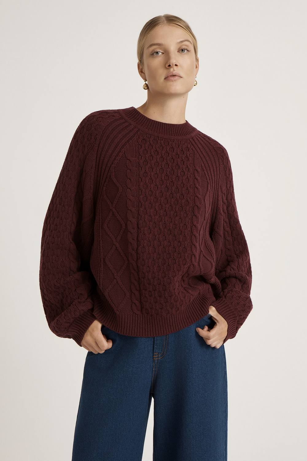 Finery London Ellie Crew Neck Knitted Jumper In Wine Finery London Ellie Crew Neck Knitted Jumper In Wine