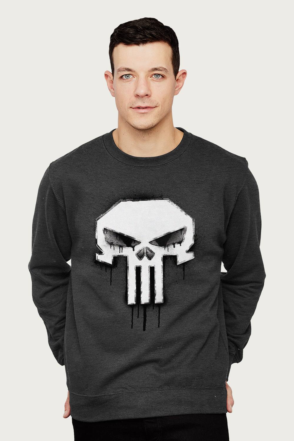 Marvel The Punisher Classic Paint Drip Skull Logo Sweatshirt In Dark Grey Marvel The Punisher Classic Paint Drip Skull Logo Sweatshirt In Dark Grey