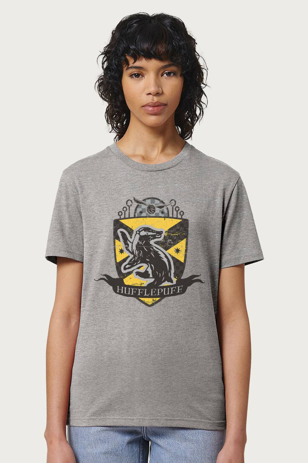 Harry Potter Hufflepuff Quidditch Distressed Shield Relaxed Fit Shirt In Mid Grey Harry Potter Hufflepuff Quidditch Distressed Shield Relaxed Fit Shirt In Mid Grey