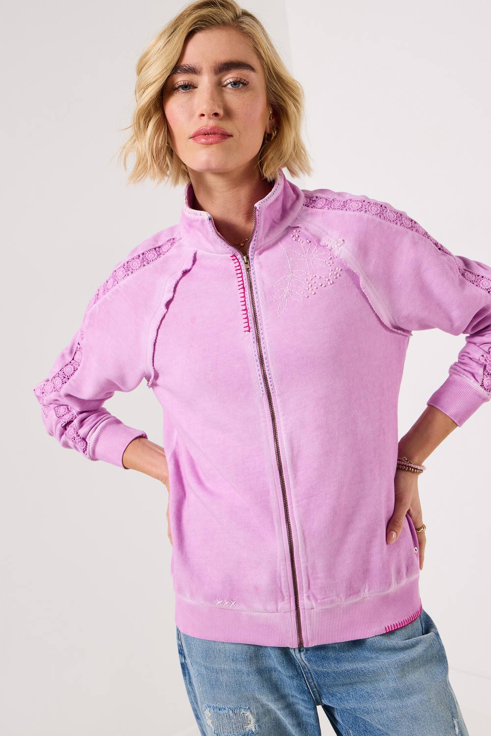 Joe Browns High Neck Collar Embroidered Zip Through Sweatshirt In Pink Joe Browns High Neck Collar Embroidered Zip Through Sweatshirt In Pink