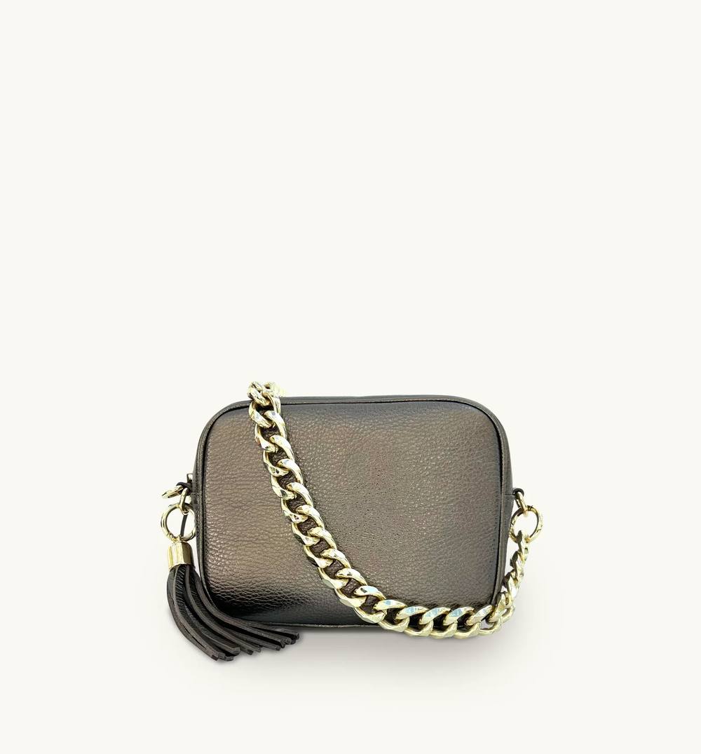 Apatchy London Leather Crossbody Bag With Gold Chain Shoulder Strap In Light Bronze Apatchy London Leather Crossbody Bag With Gold Chain Shoulder Strap In Light Bronze