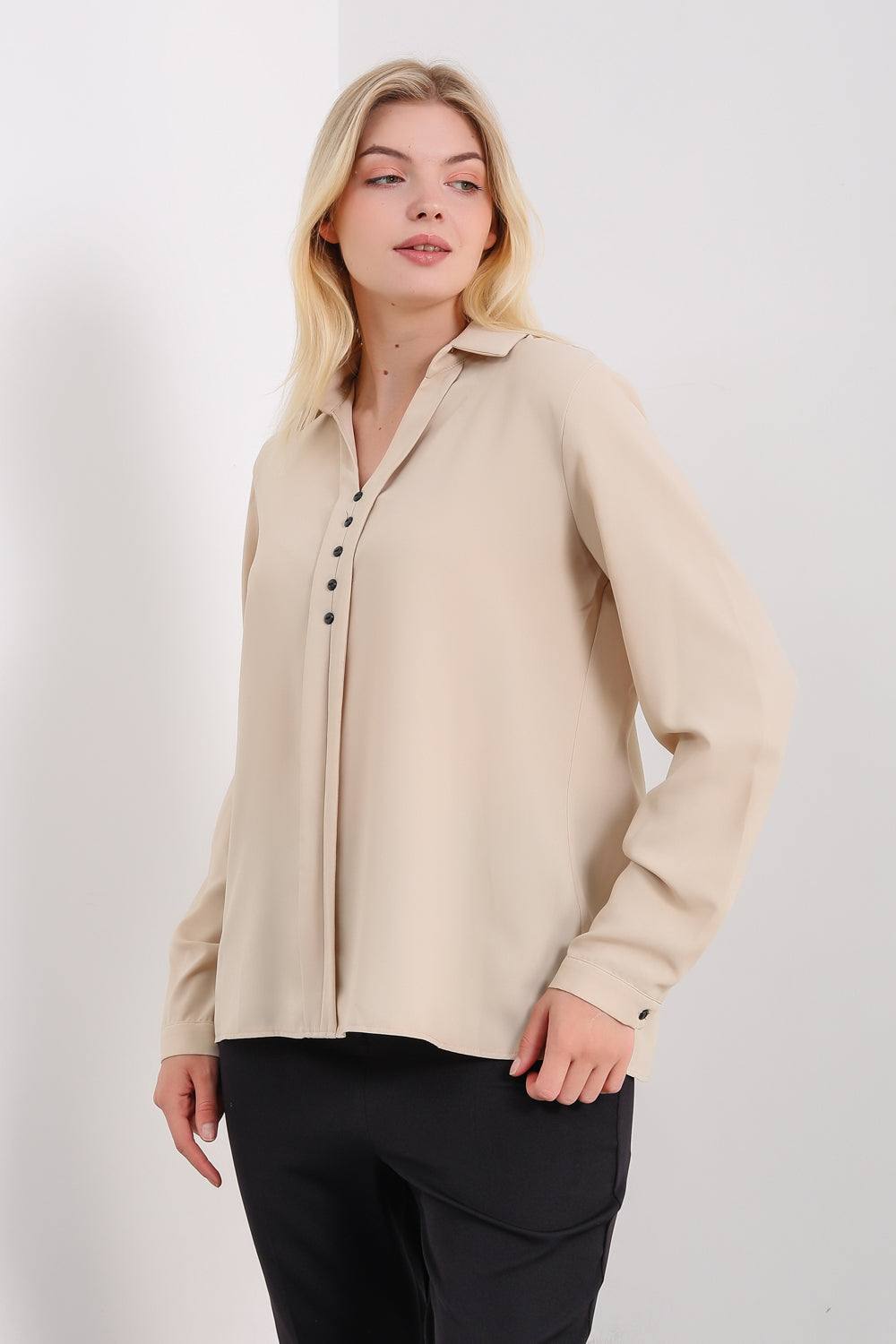 Hoxton Gal Oversized Long Sleeves Blouse Shirt With Button Details In Beige Hoxton Gal Oversized Long Sleeves Blouse Shirt With Button Details In Beige