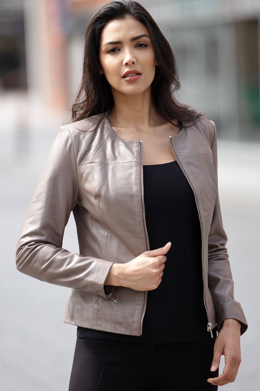 Ashwood Leather ‘francesca’ Collarless Real Leather Fashion Jacket In Taupe Ashwood Leather ‘francesca’ Collarless Real Leather Fashion Jacket In Taupe