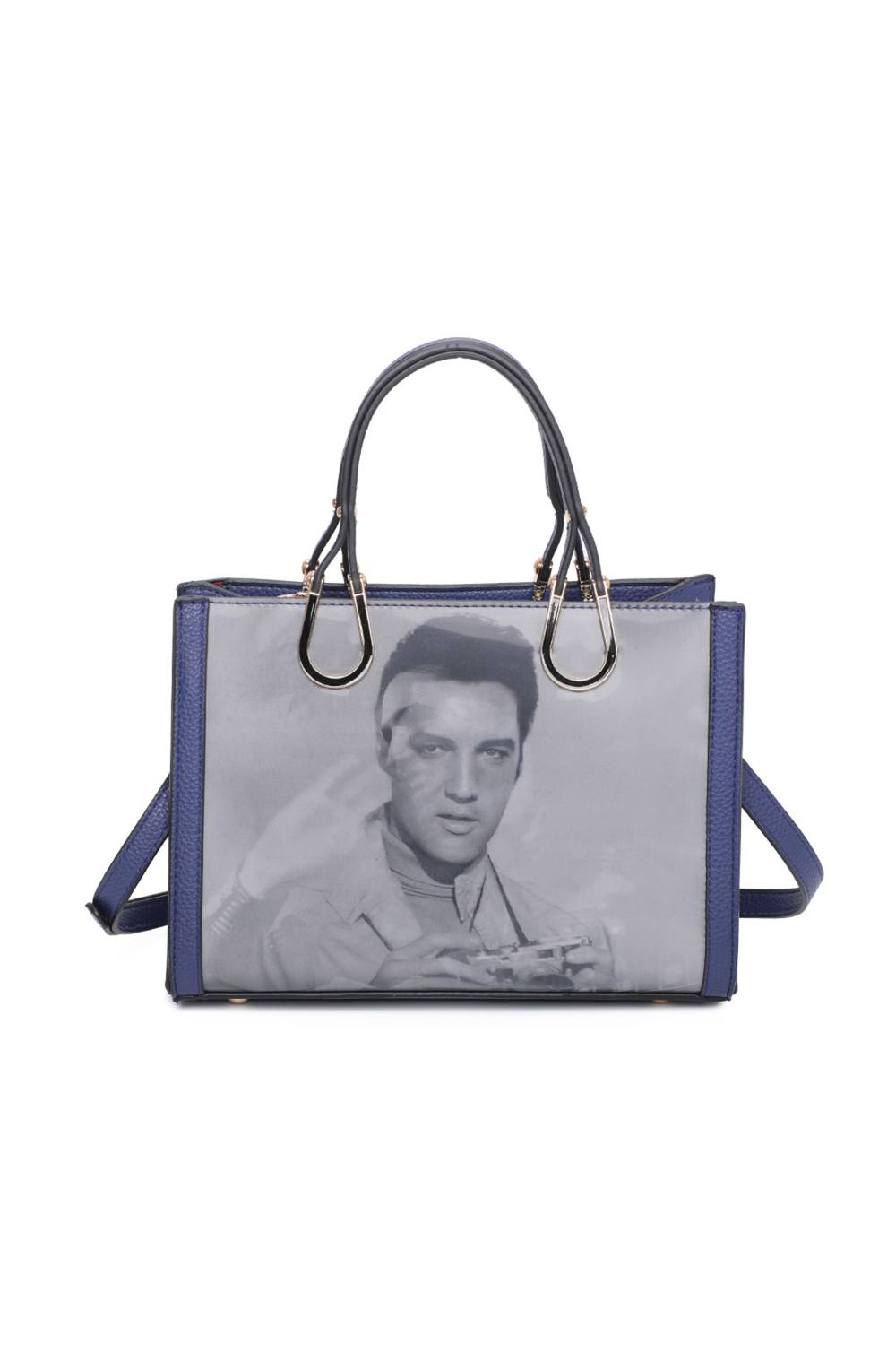 Fontanella Fashion Elvis Printed D Tape Pu Leather Top Handle Bag In Navy Fontanella Fashion Elvis Printed D Tape Pu Leather Top Handle Bag In Navy
