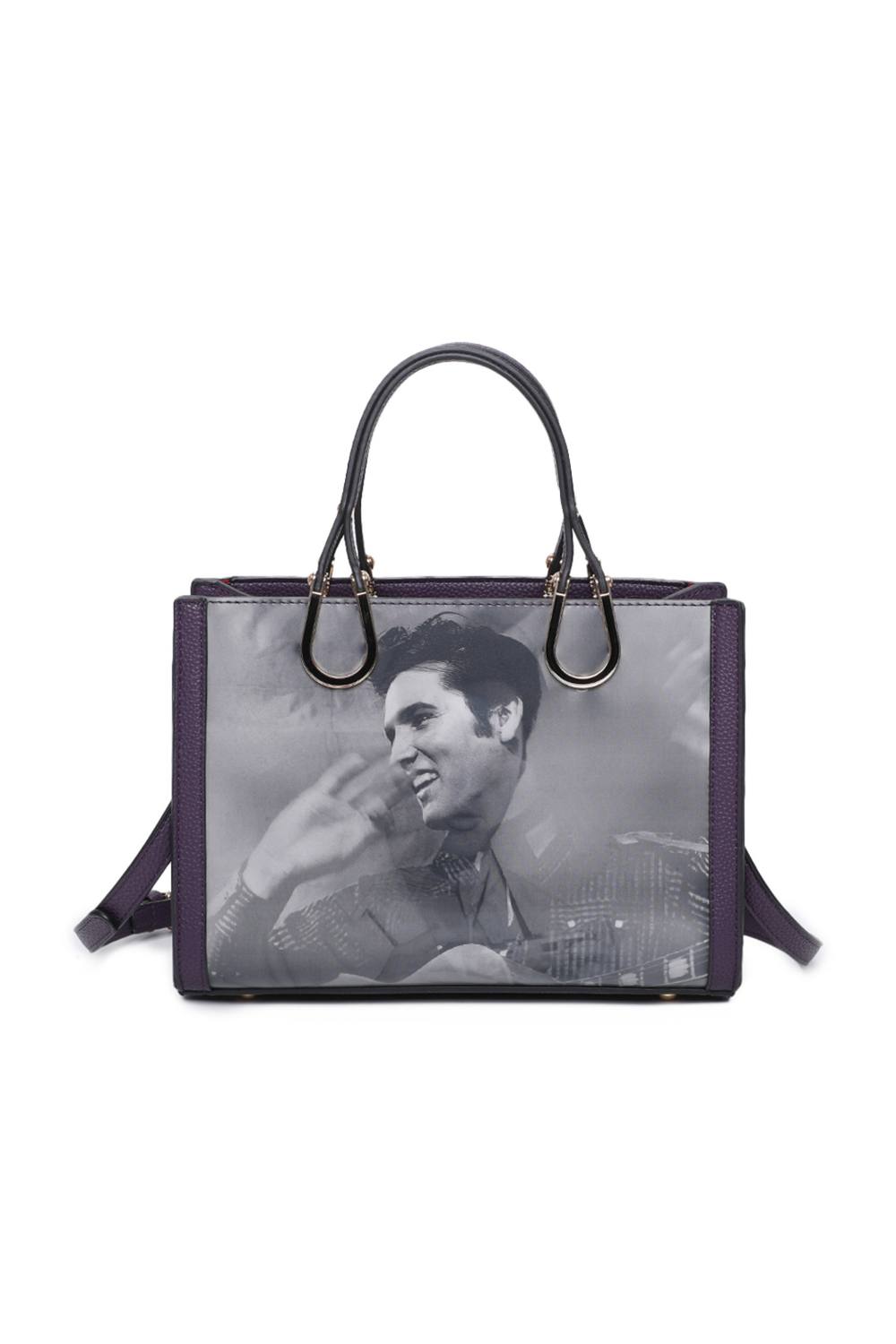 Fontanella Fashion Elvis Printed D Tape Pu Leather Top Handle Bag In Purple Fontanella Fashion Elvis Printed D Tape Pu Leather Top Handle Bag In Purple
