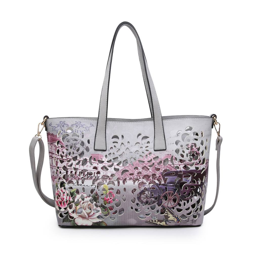 Jfy -In- Matching Crossbody And Open Top Laser Cut Pattern Tote Bag In Grey Jfy -In- Matching Crossbody And Open Top Laser Cut Pattern Tote Bag In Grey