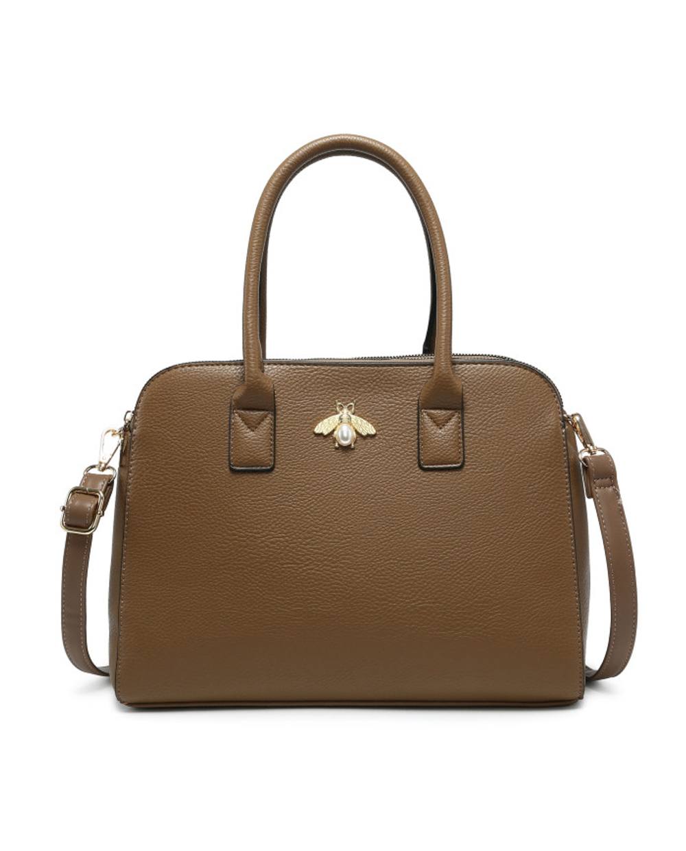 Jfy Bee Badge Triple Top Zipped Compartments Tote Bag In Khaki Jfy Bee Badge Triple Top Zipped Compartments Tote Bag In Khaki