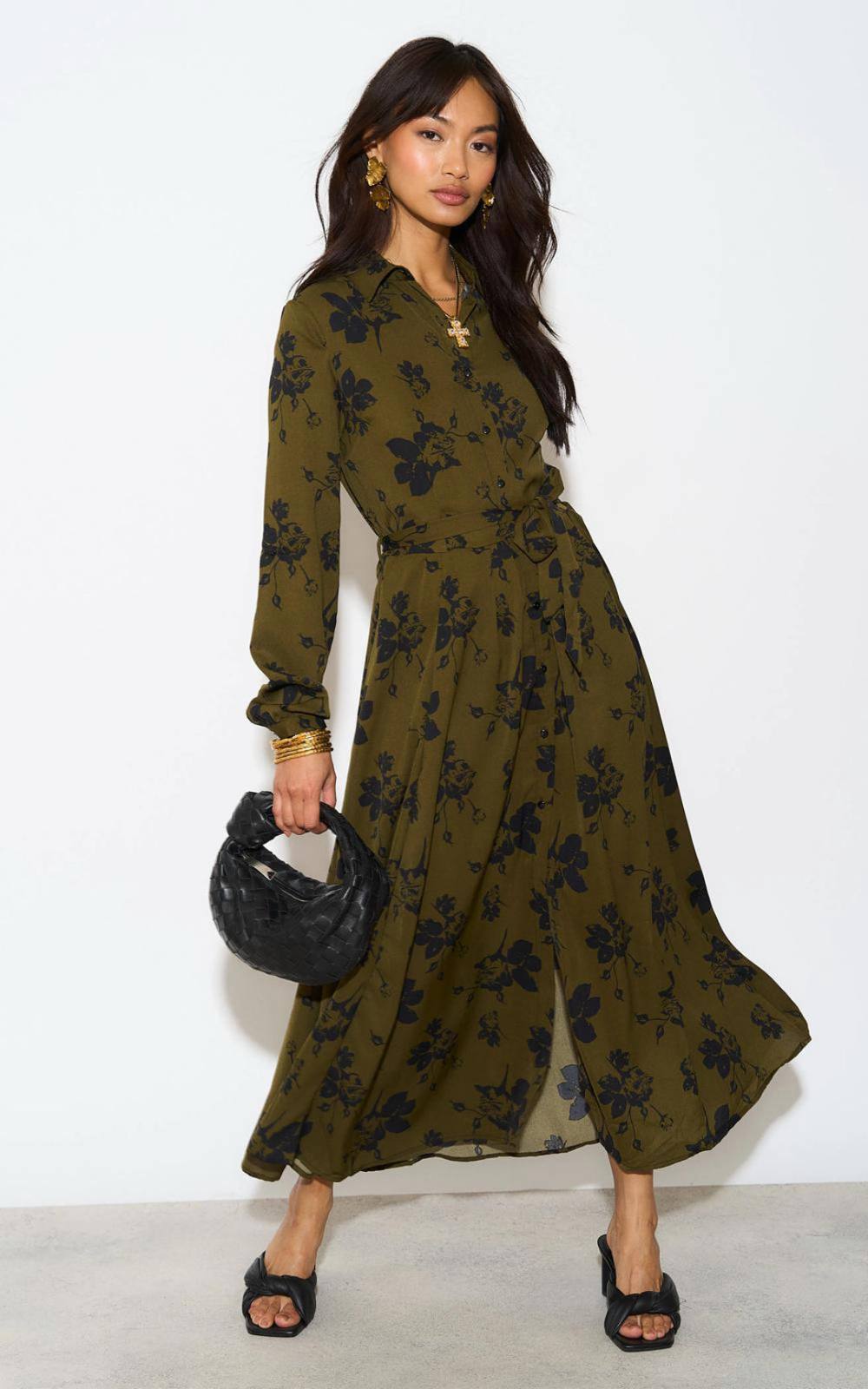 Love Sunshine Floral Print Long Sleeve Midaxi Shirt Dress In Khaki Love Sunshine Floral Print Long Sleeve Midaxi Shirt Dress In Khaki