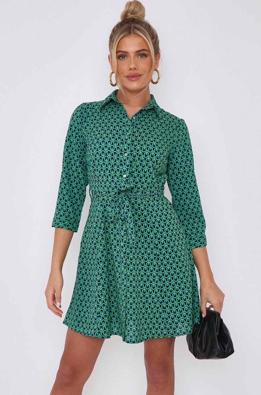 Love Sunshine Green Geo Print Belted Mini Shirt Dress Love Sunshine Green Geo Print Belted Mini Shirt Dress