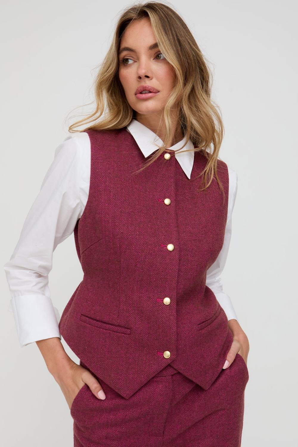 Lily And Lionel Pandora Tailored Herringbone Print Waistcoat In Pink In Raspberry Lily And Lionel Pandora Tailored Herringbone Print Waistcoat In Pink In Raspberry