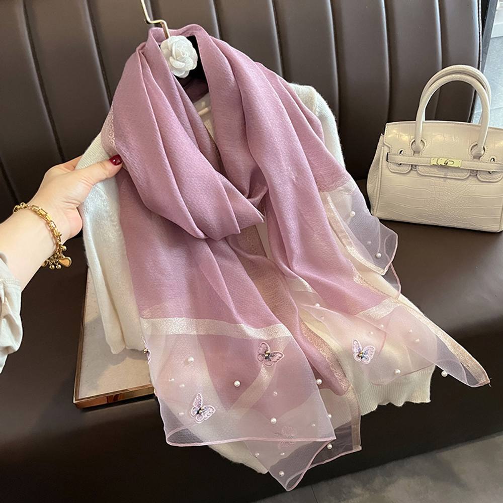 Peach Accessories Silk Scarf With Embroidered Butterflies & Pearls In Mauve Peach Accessories Silk Scarf With Embroidered Butterflies & Pearls In Mauve