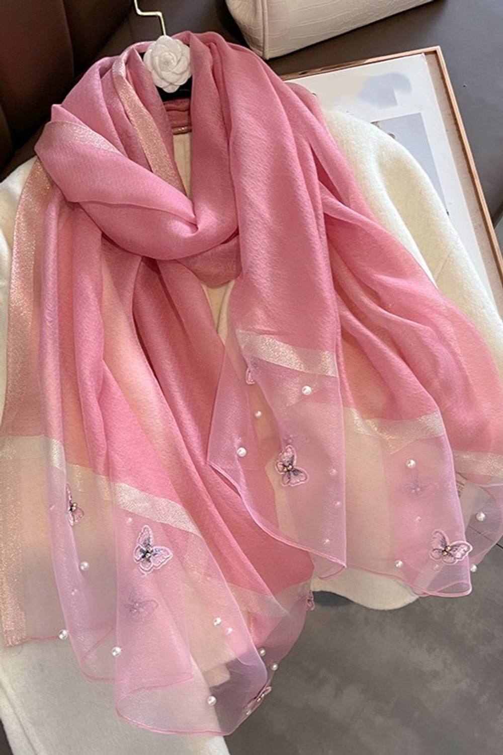 Peach Accessories Silk Scarf With Embroidered Butterflies & Pearls In Rose Peach Accessories Silk Scarf With Embroidered Butterflies & Pearls In Rose