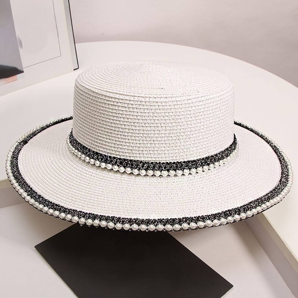Peach Accessories Boater Straw Summer Hat With Pearl Trim In White Peach Accessories Boater Straw Summer Hat With Pearl Trim In White