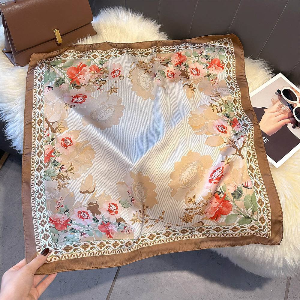 Peach Accessories Elegant Botanical Print Square Neck Scarf In Beige Peach Accessories Elegant Botanical Print Square Neck Scarf In Beige