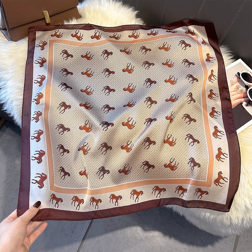 Peach Accessories Horse Print Silk Feel Neck Square Scarf In Beige Peach Accessories Horse Print Silk Feel Neck Square Scarf In Beige