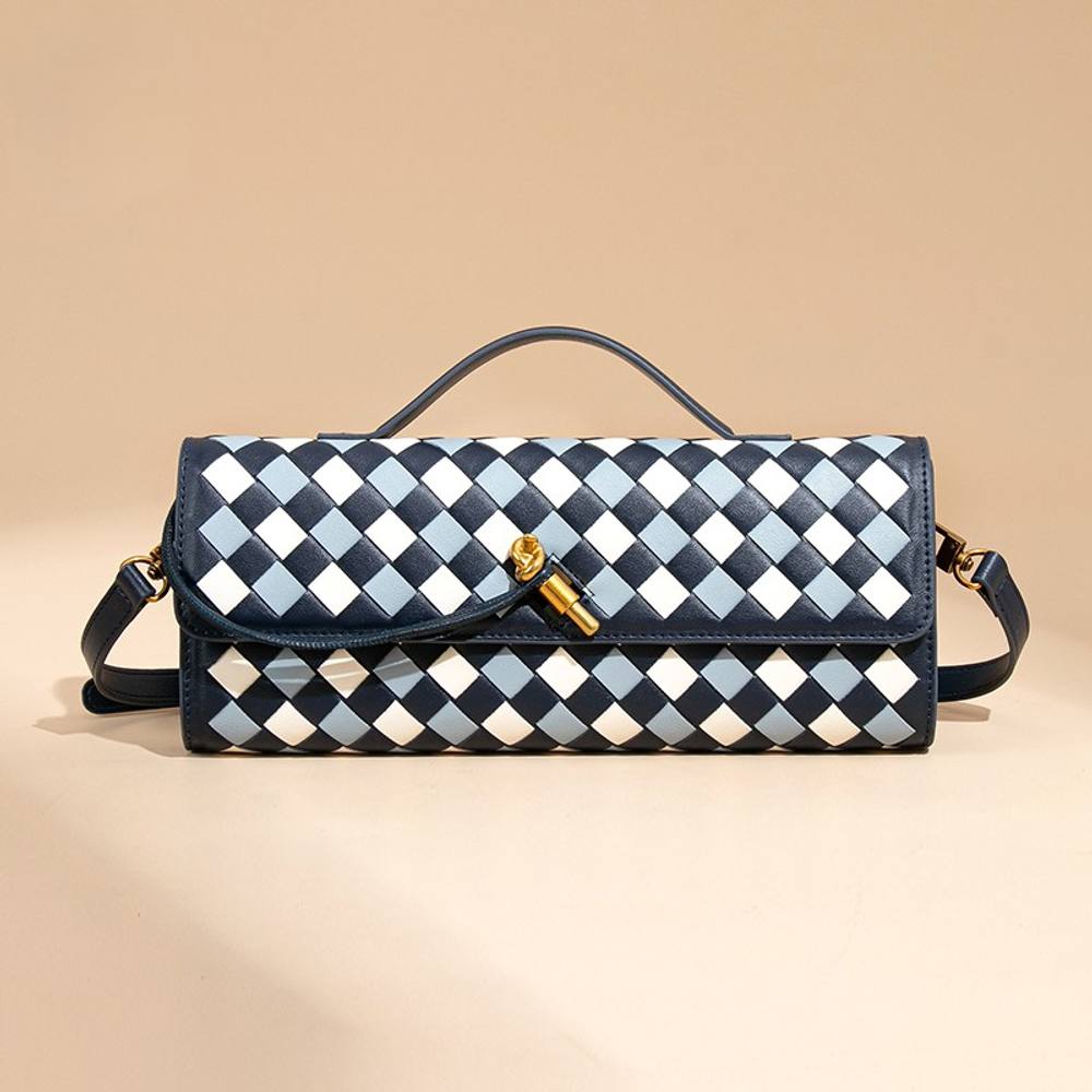 Peach Accessories Bule And White Woven Check Bag With Long Strap In Navy Peach Accessories Bule And White Woven Check Bag With Long Strap In Navy