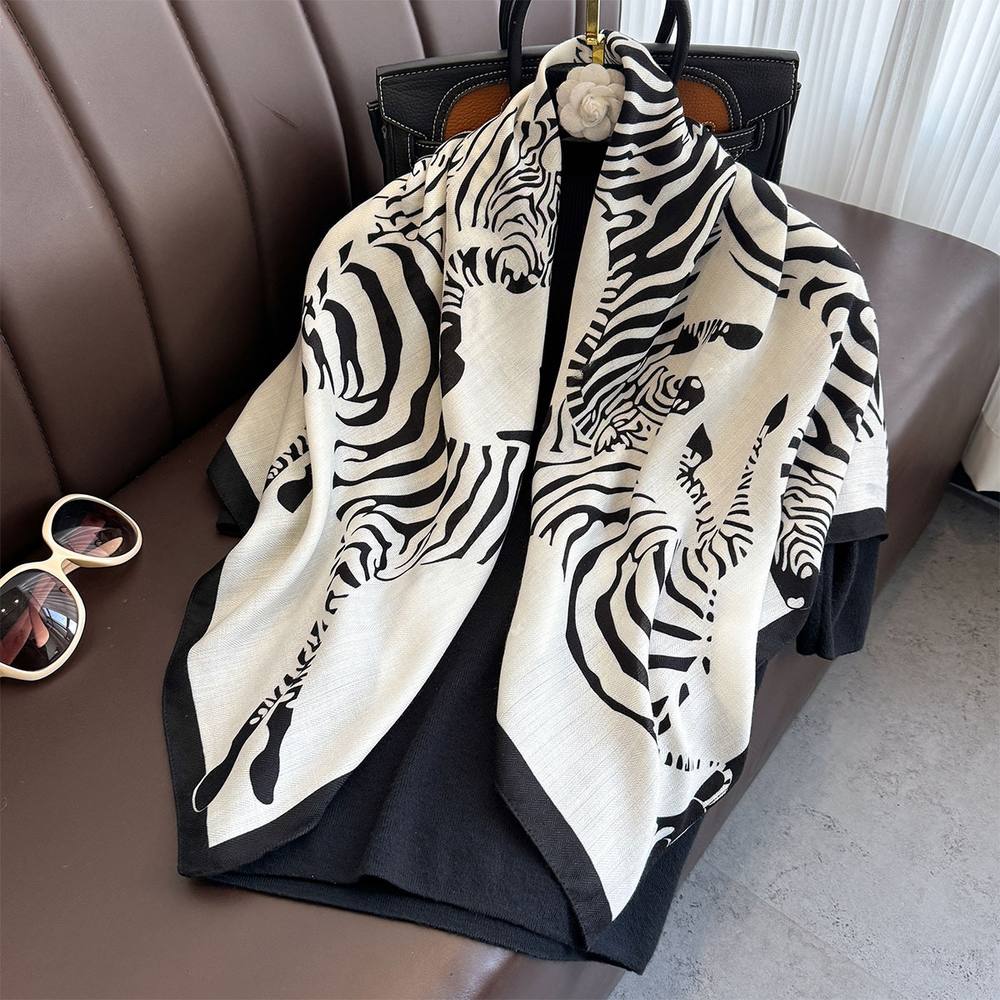 Peach Accessories Zebra Pattern Square Cotton Scarf In White Peach Accessories Zebra Pattern Square Cotton Scarf In White