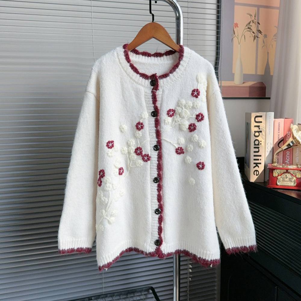 Peach Accessories Cream & Burgundy Flowers Embroideries Cardigan In Ivory Peach Accessories Cream & Burgundy Flowers Embroideries Cardigan In Ivory