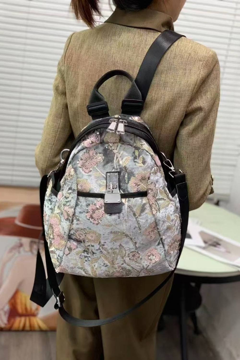 Peach Accessories Noir Garden Sparkle Backpack In Grey Peach Accessories Noir Garden Sparkle Backpack In Grey