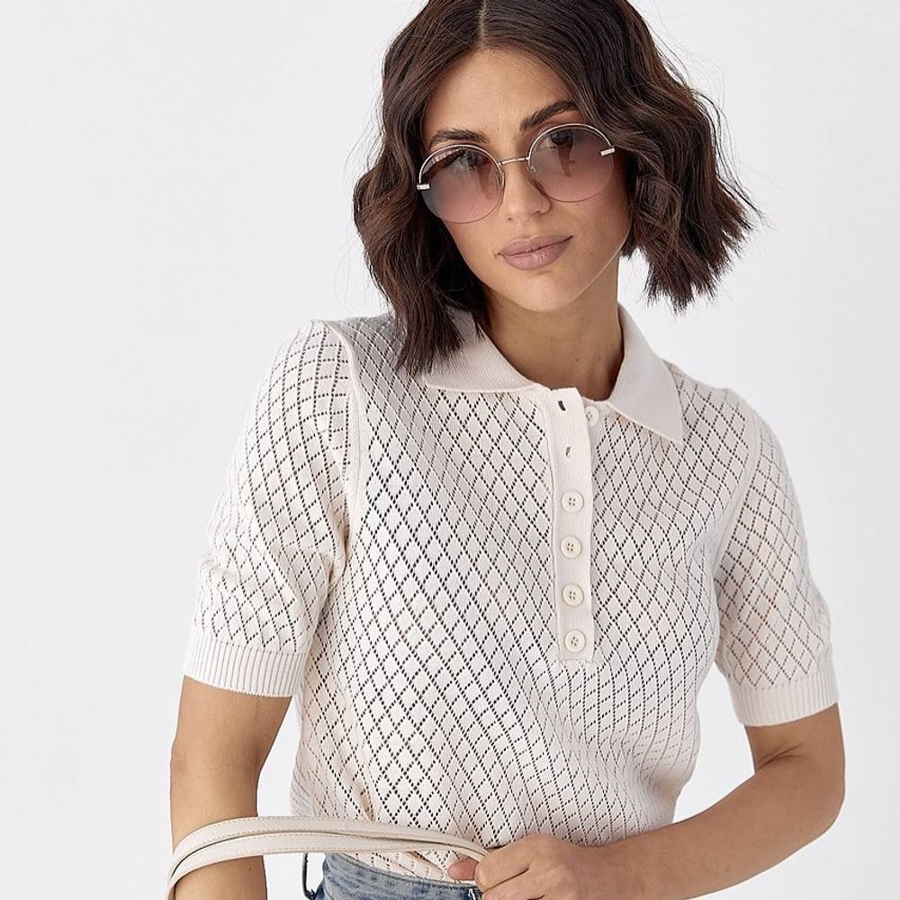 Peach Accessories Diamond-Mesh Knit Summer Polo Shirt In Ivory Peach Accessories Diamond-Mesh Knit Summer Polo Shirt In Ivory