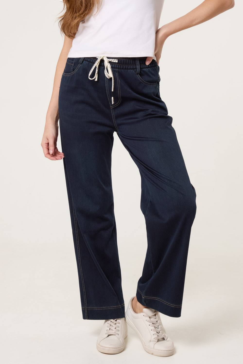 Dexia Soft Touch Elasticed Waist Denim-Look Wide Leg Trousers In Dark Indigo Dexia Soft Touch Elasticed Waist Denim-Look Wide Leg Trousers In Dark Indigo