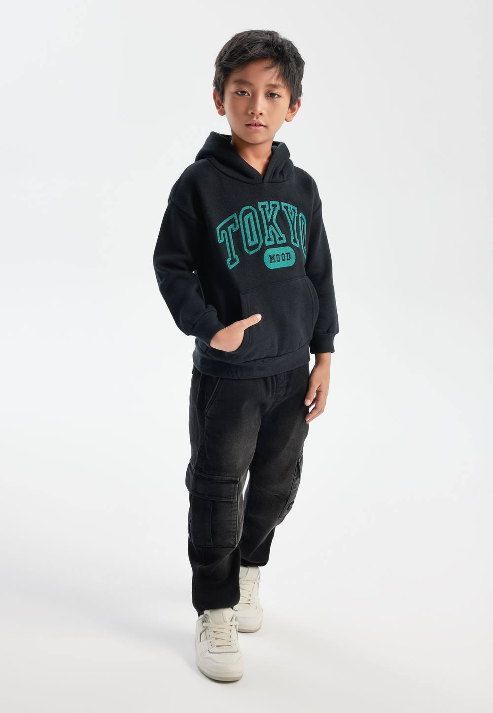 Minoti Hoodie With Boucle Applique In Black Minoti Hoodie With Boucle Applique In Black