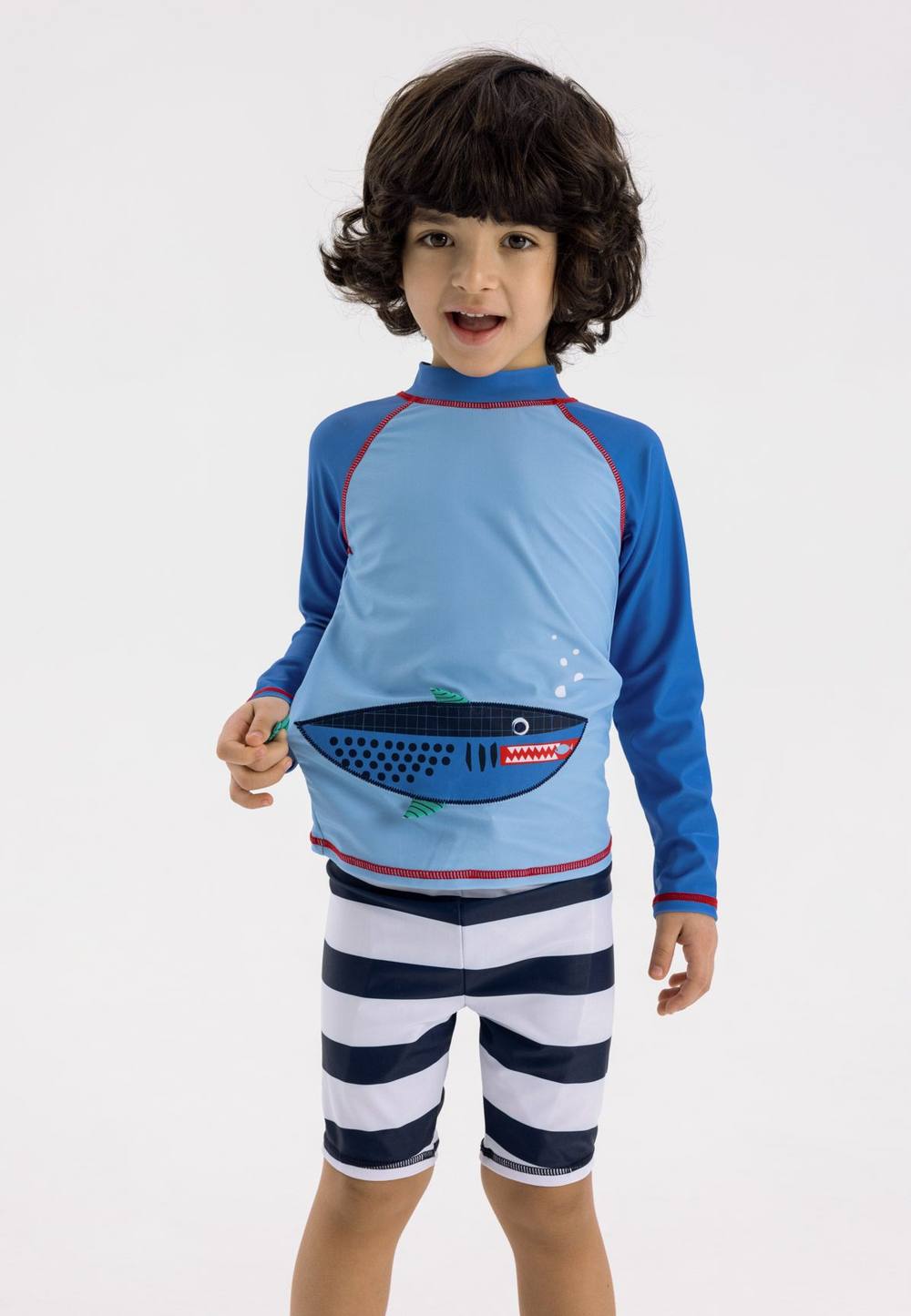 Minoti -Piece Swim Set With Long Sleeve Top And Swim Shorts In Blue