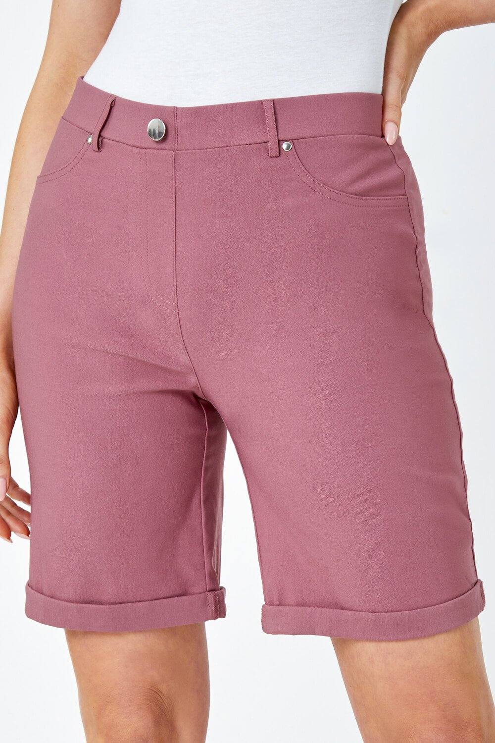 Roman Elastic Waist Turn Up Stretch Shorts In Beige Roman Elastic Waist Turn Up Stretch Shorts In Beige