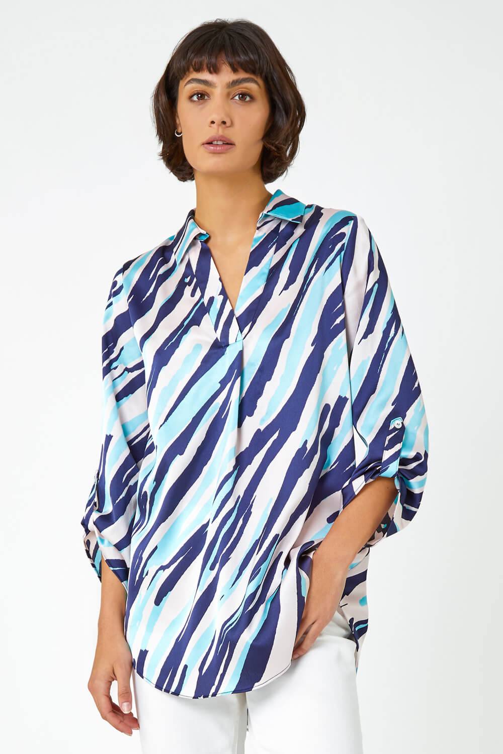 Roman Abstract Print Collared Overshirt In Navy Roman Abstract Print Collared Overshirt In Navy